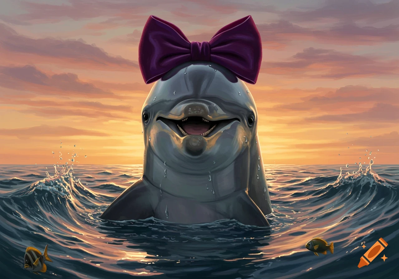 An illustration of a smiling dolphin wearing a purple bow, surfacing from the ocean at sunset.