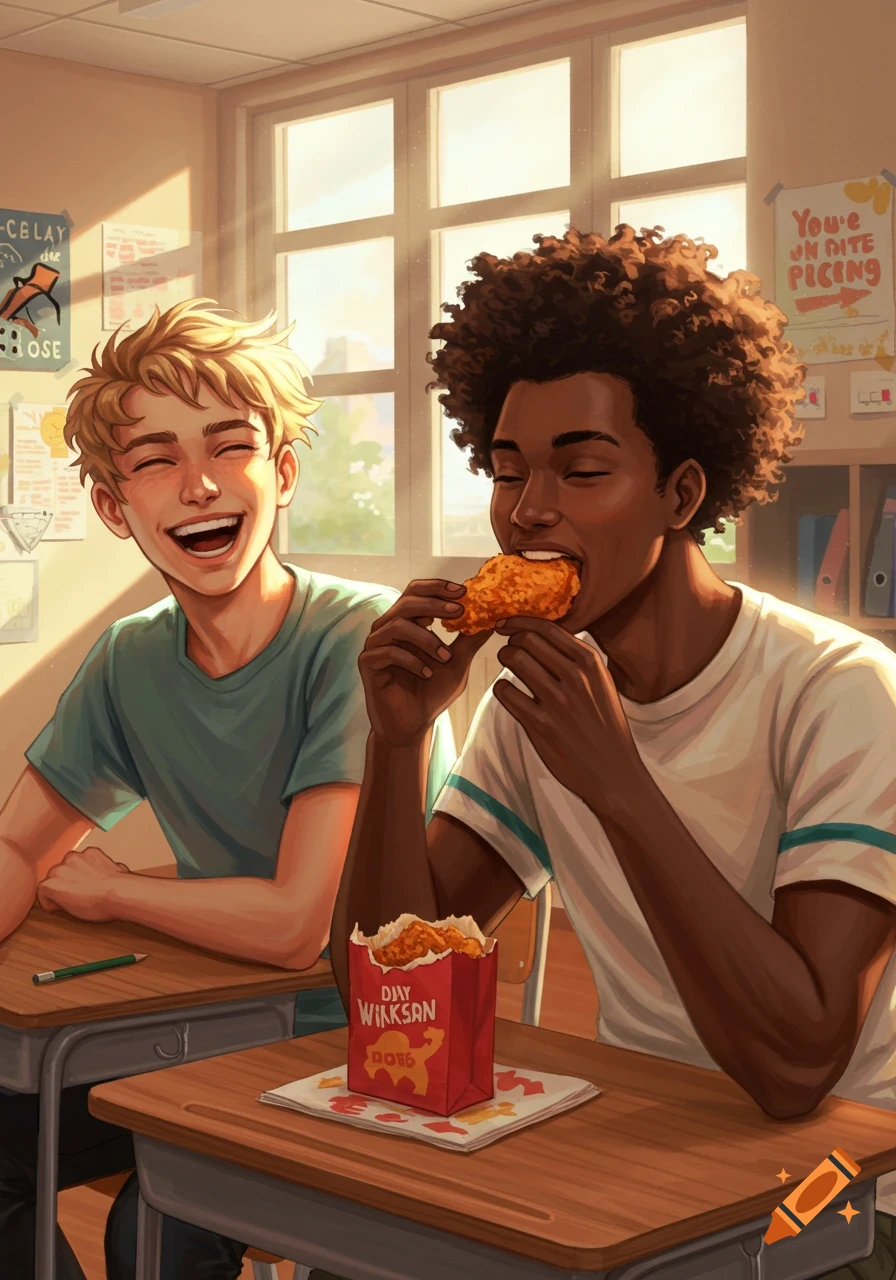 Two teenage boys in a bright classroom, one laughing, the other eating fried chicken from a red box.