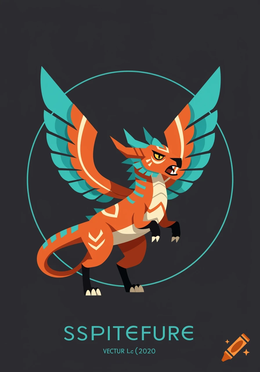 A stylized orange and teal griffin-like creature with large wings stands snarling, in a vector art illustration. Dark gray background with a blue circle. Text reads 'SSPITEFURE'.