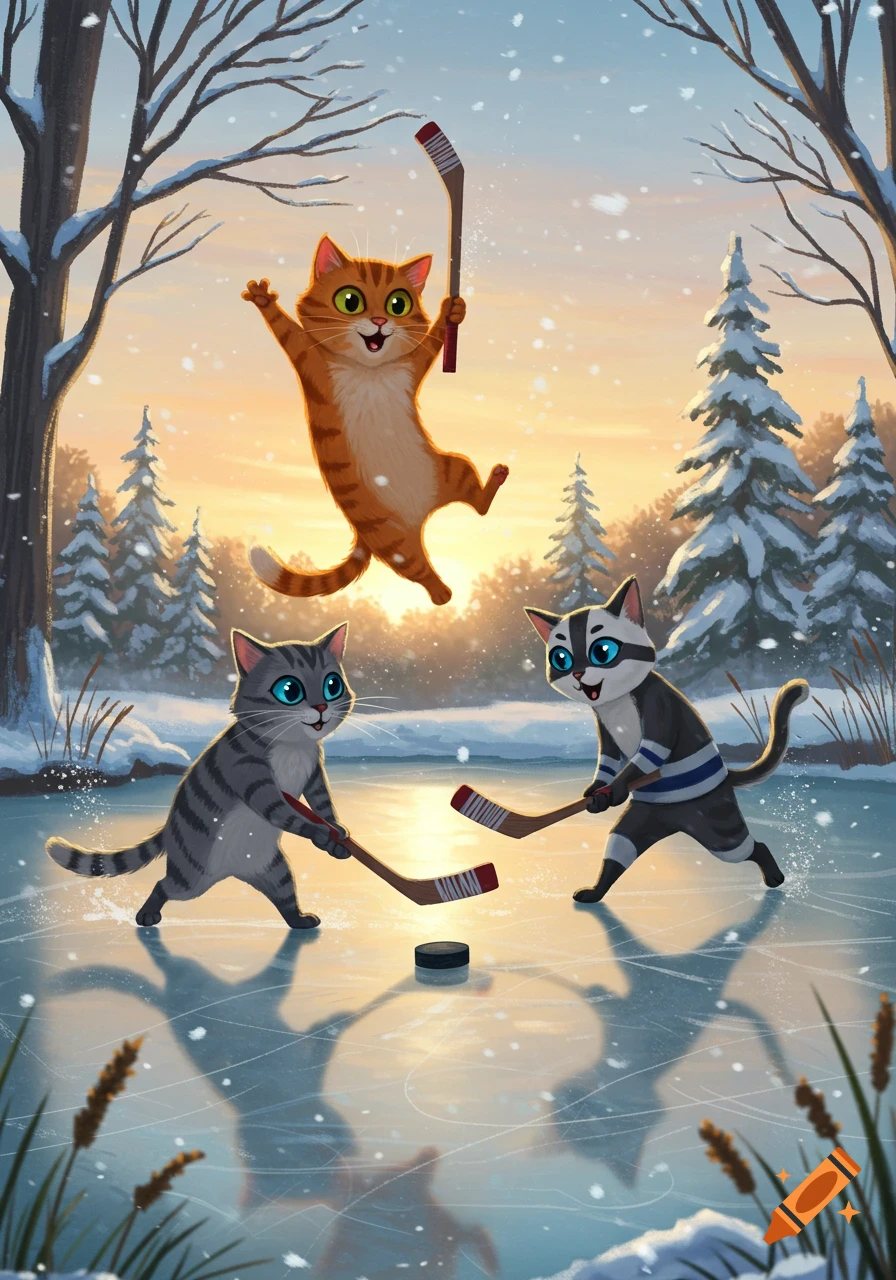 Three happy cartoon cats play hockey on an outdoor ice rink during a snowy sunset. An orange cat jumps with joy, while two others hold sticks.