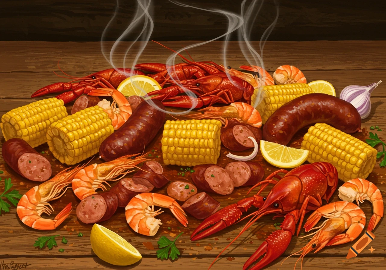 A steaming Cajun seafood boil with crawfish, shrimp, corn on the cob, and sausage on a wooden table, in an illustrative style.