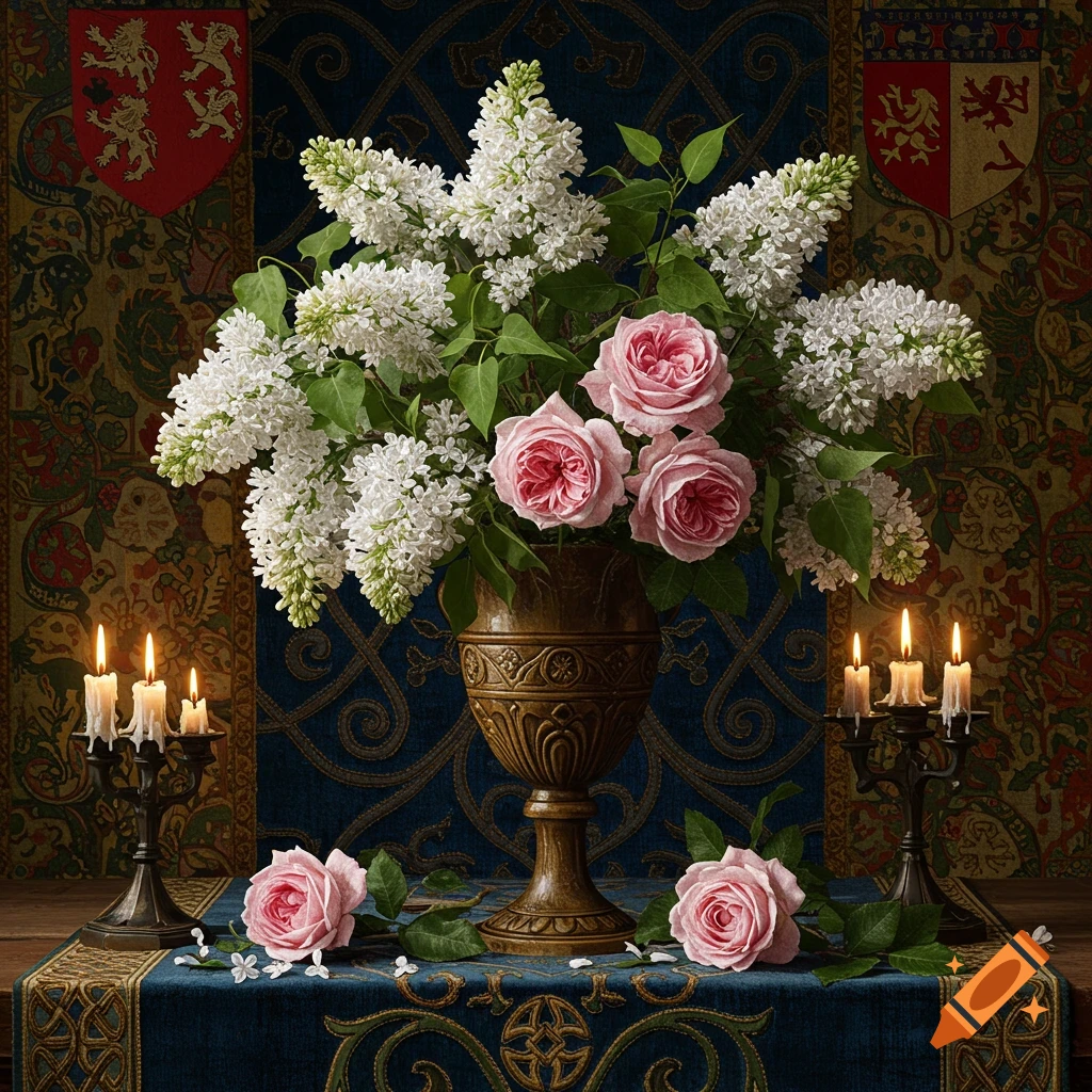A still life painting of white lilacs and pink roses in an ornate bronze vase on a dark blue tablecloth with candles, set against a medieval tapestry background.