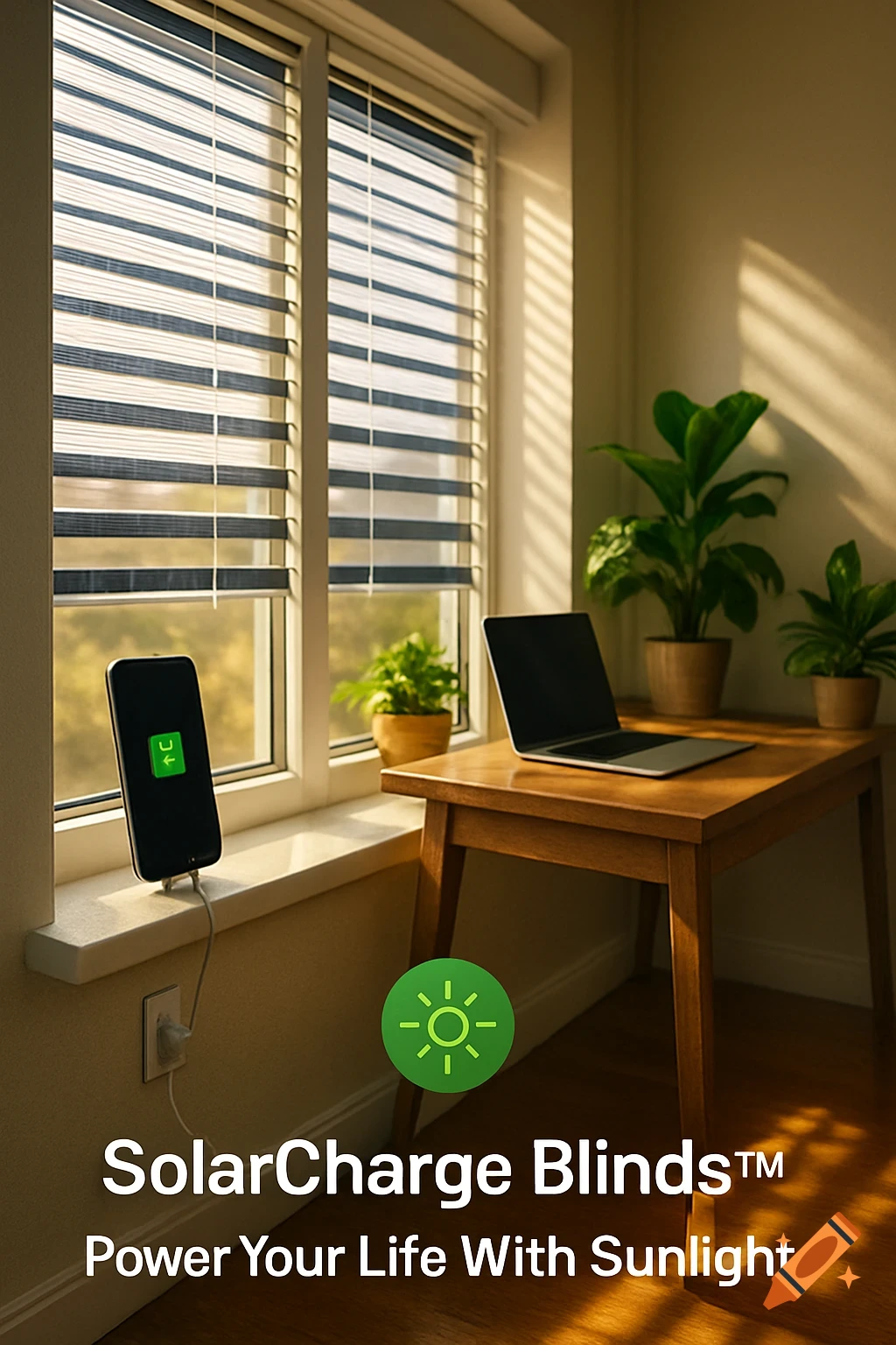 A sunlit room with blinds that have integrated solar panels, a phone charging on the windowsill, a laptop on a wooden table, and potted plants. Green solar icon and text 'SolarCharge Blinds™ – Power Your Life With Sunlight' overlay.