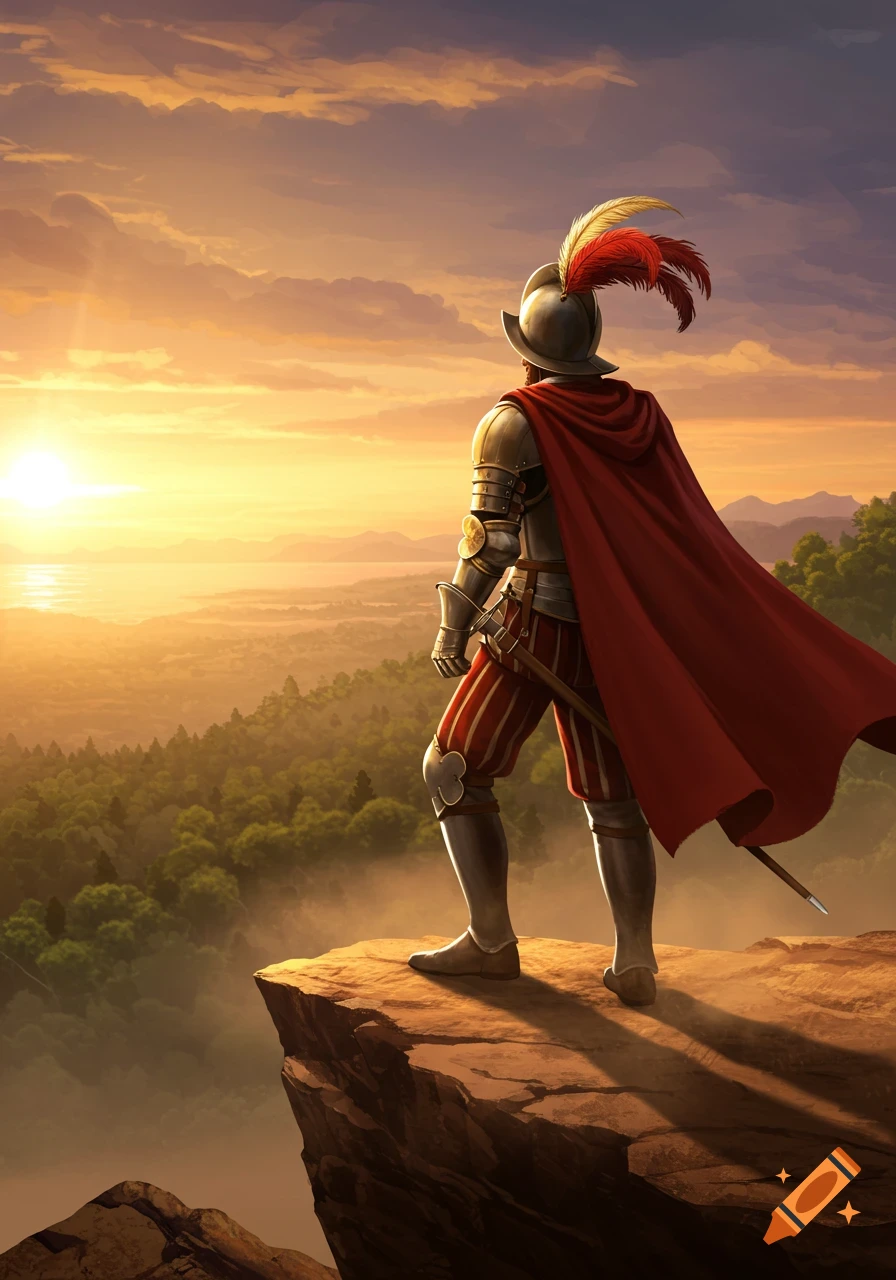 A conquistador in armor with a red cape stands on a cliff overlooking a vast forested landscape at sunset.