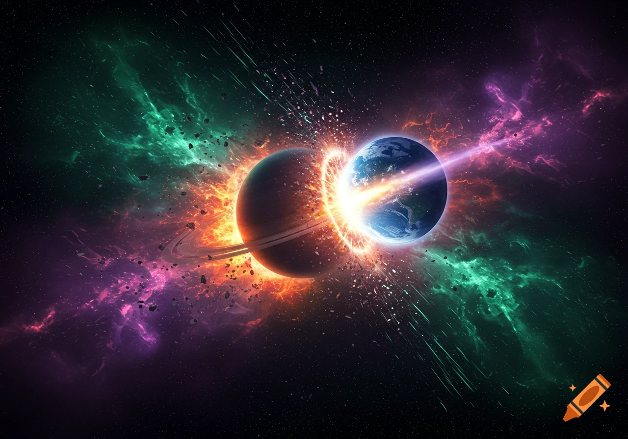Two planets colliding in deep space, surrounded by colorful green, orange, and purple nebulae and debris.
