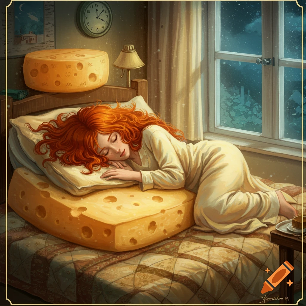 A redheaded woman sleeps soundly on a bed with a large block of Swiss cheese as her mattress and pillow, in a dreamlike bedroom.