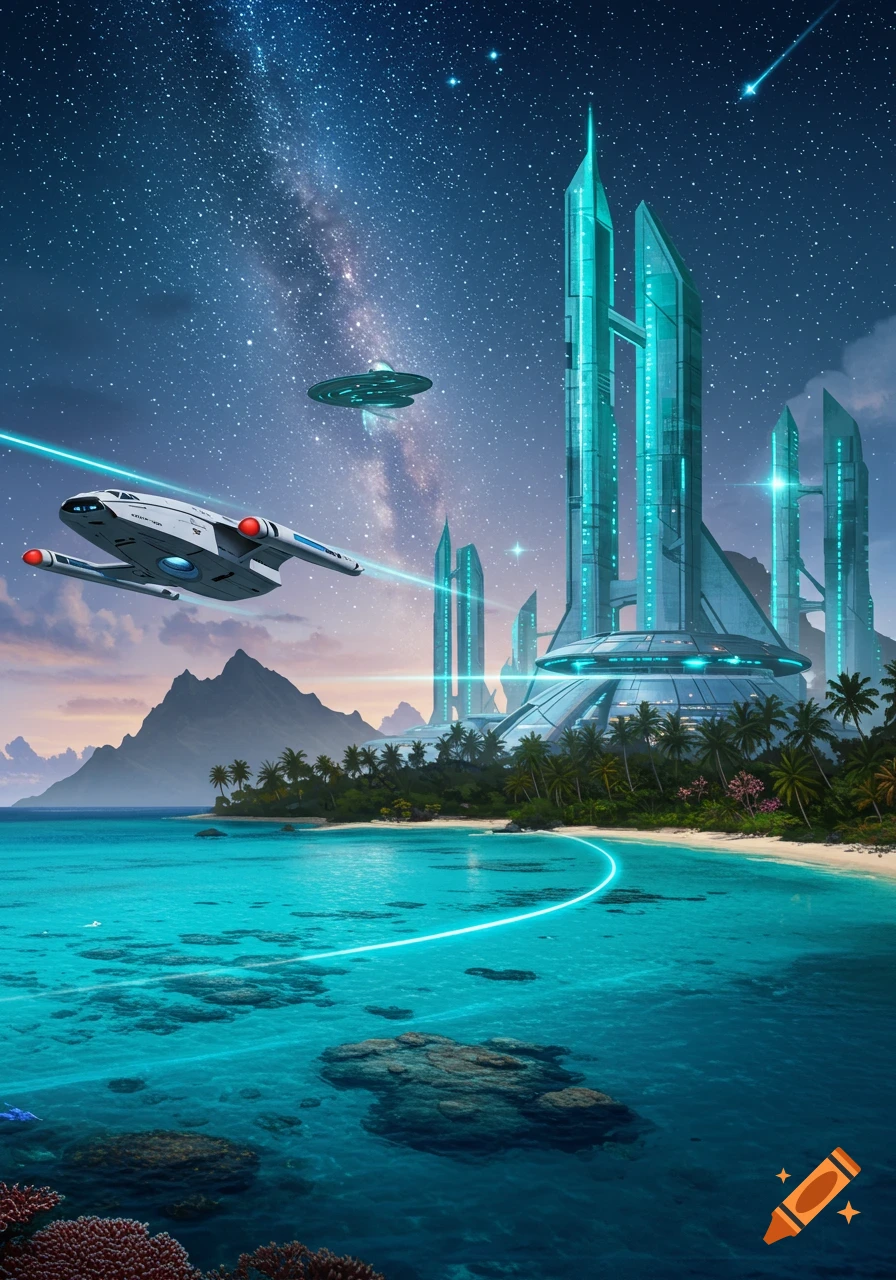 Futuristic city with glowing buildings on a tropical island beach with turquoise water. Spaceships soar in the starry night sky with the Milky Way.