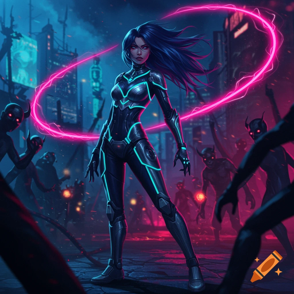 A cyberpunk demon hunter in a glowing suit wields a pink energy whip among shadowy demons in a neon city.