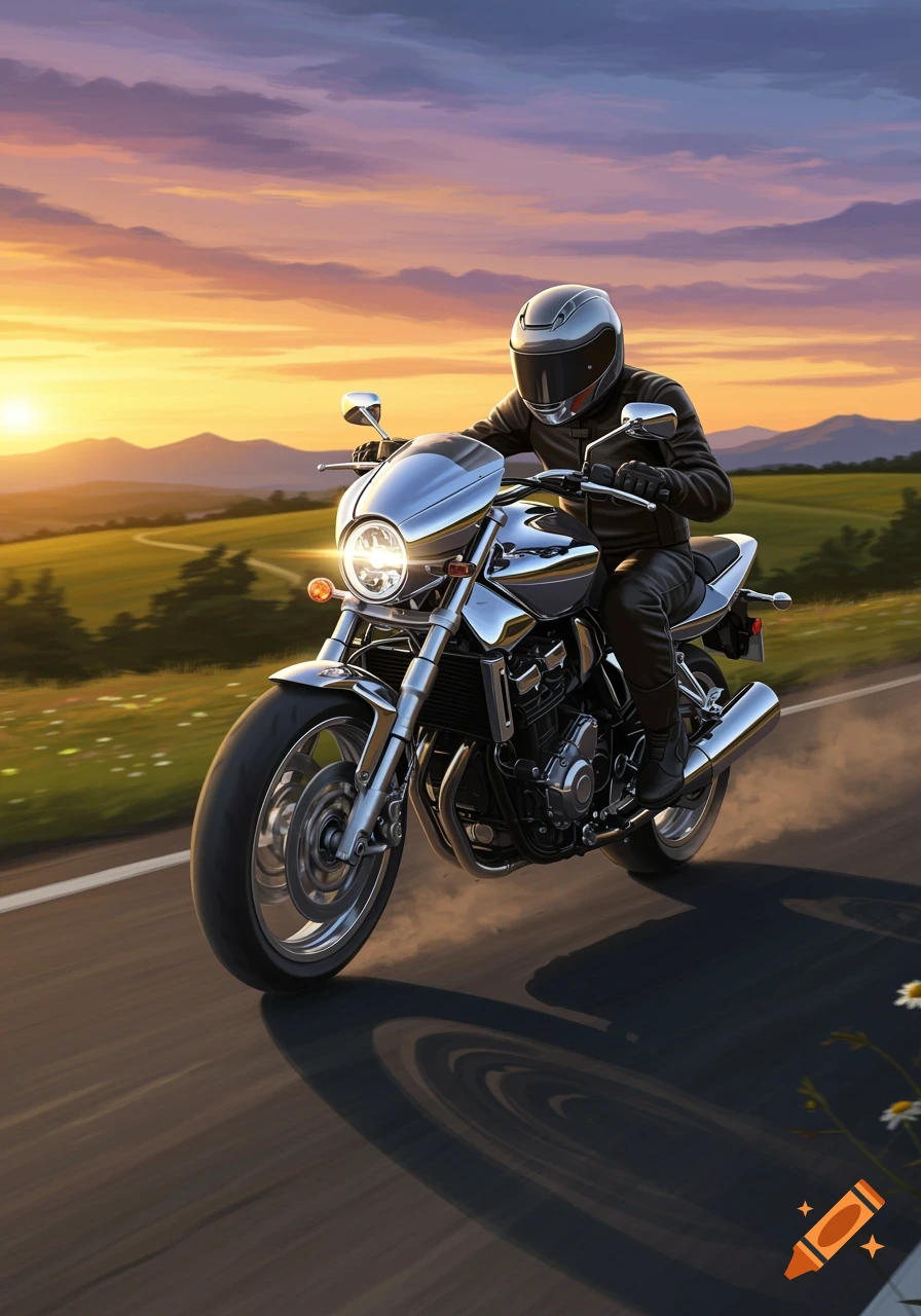 A person riding a motorcycle on a road at sunset with mountains and fields in the background.
