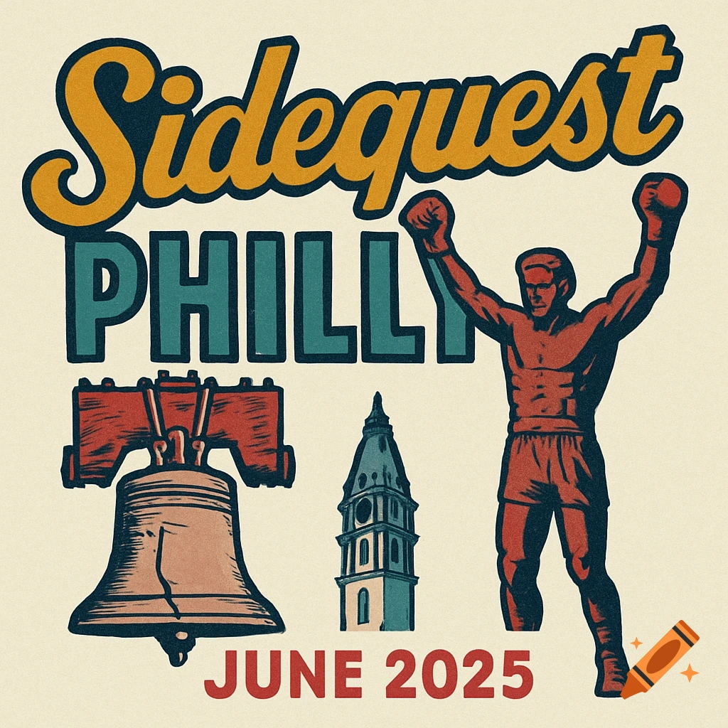A vintage-style logo for "Sidequest Philly June 2025" featuring the Liberty Bell, a historic building, and a boxer with raised arms.