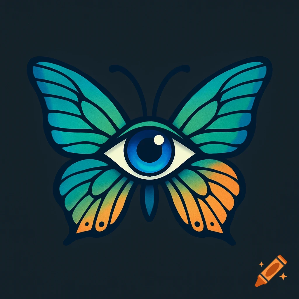 A colorful butterfly logo with a large blue eye as its body, on a dark background. The wings are teal and orange.