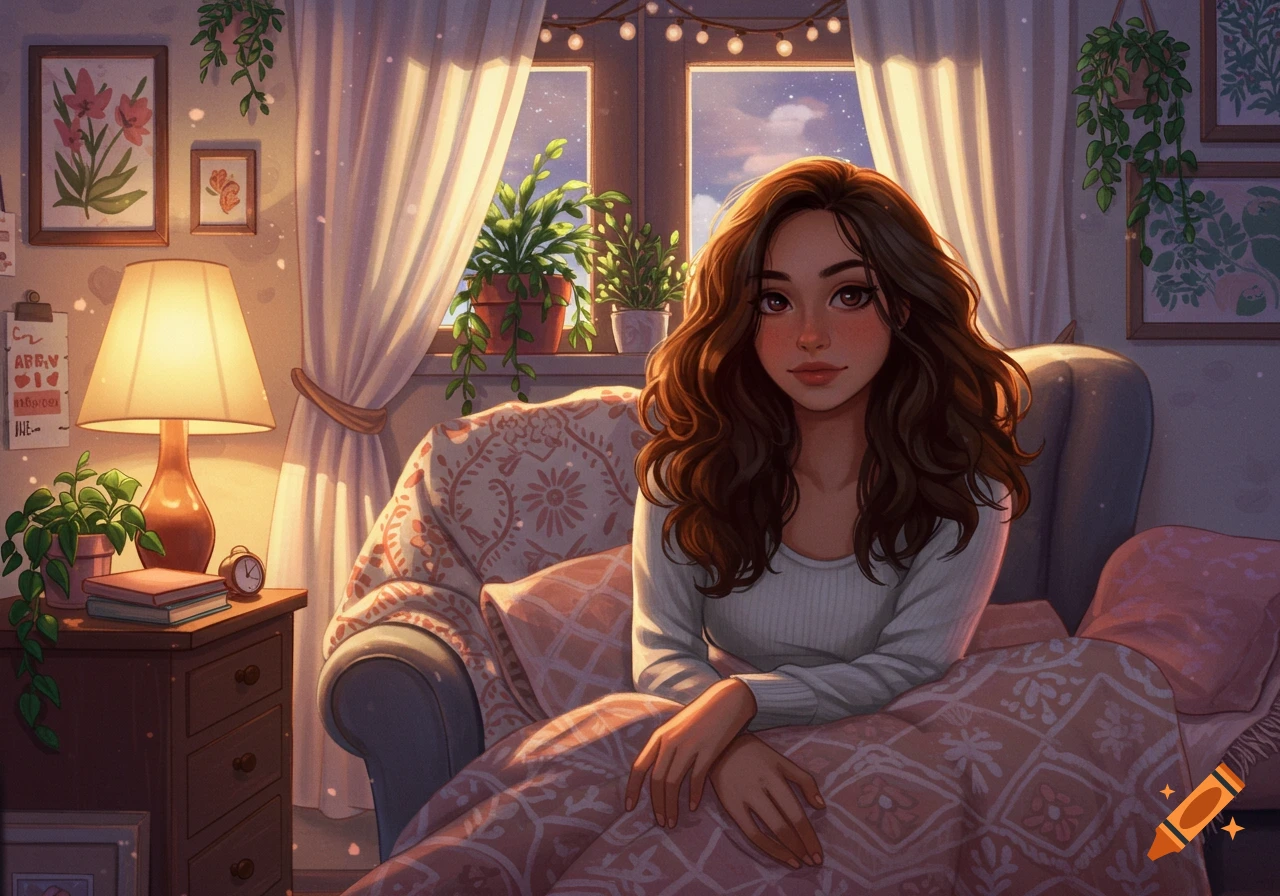 Illustrated portrait of a young woman with curly brown hair sitting in a cozy room with soft light, plants, and a blanket.