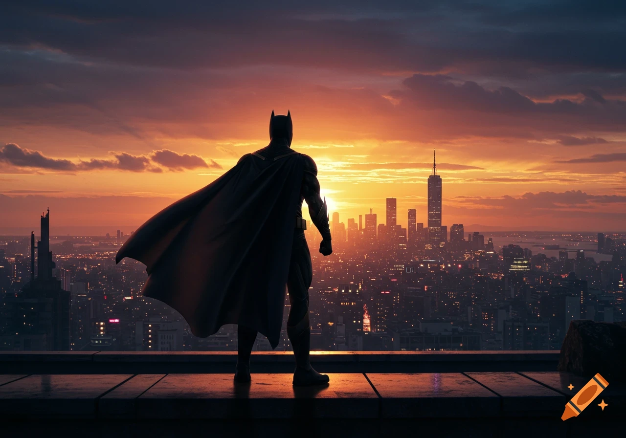 Batman stands on a rooftop overlooking a vast city skyline at sunset, cape flowing, in a dramatic, photorealistic style.