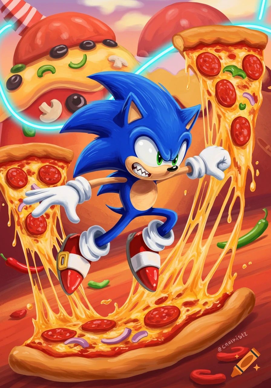 Sonic the Hedgehog runs through a vibrant, cartoonish scene with giant, gooey pizzas, one with a face and party hat.