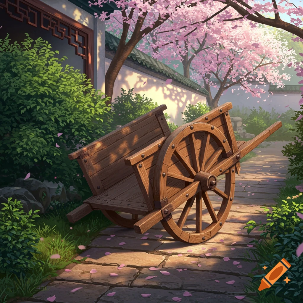 A wooden wheelbarrow rests on a stone path in a Chinese garden, surrounded by green bushes and pink cherry blossoms.