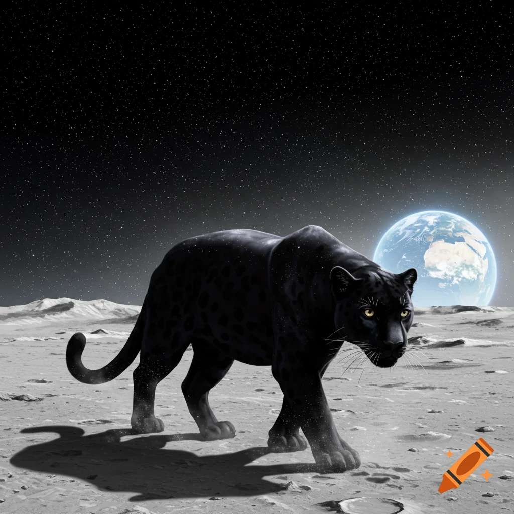A sleek black panther walks across the moon's surface, with a starry sky and Earth visible in the background.