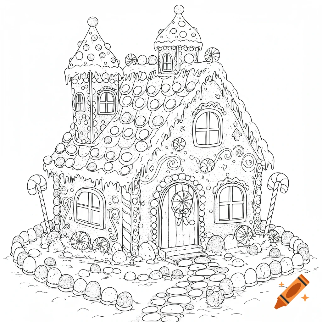 Black and white line art of a gingerbread house adorned with candy decorations and a candy-lined path, in a coloring book style.