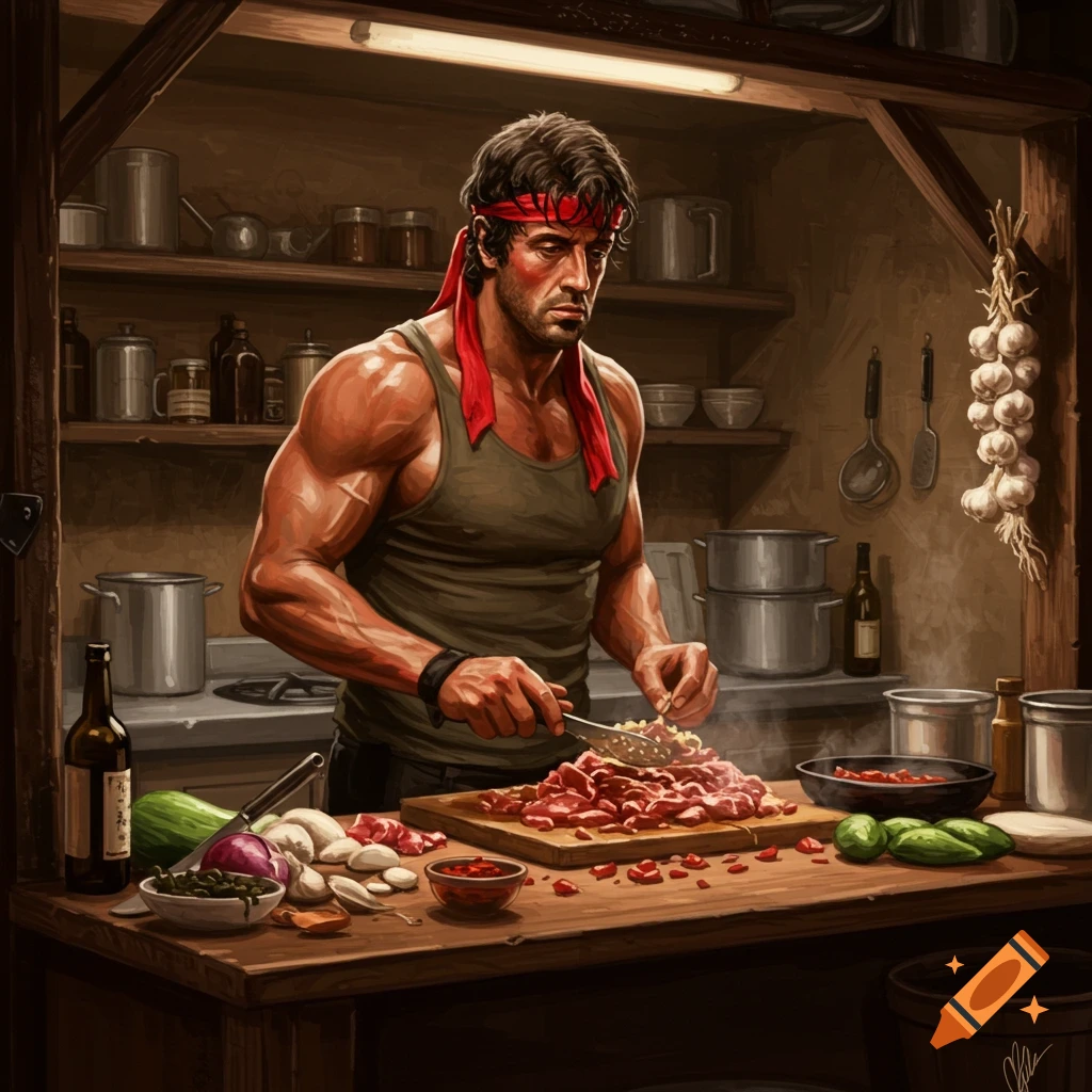 An muscular man resembling John Rambo, wearing a red headband and tank top, stands in a rustic kitchen chopping meat on a wooden board.