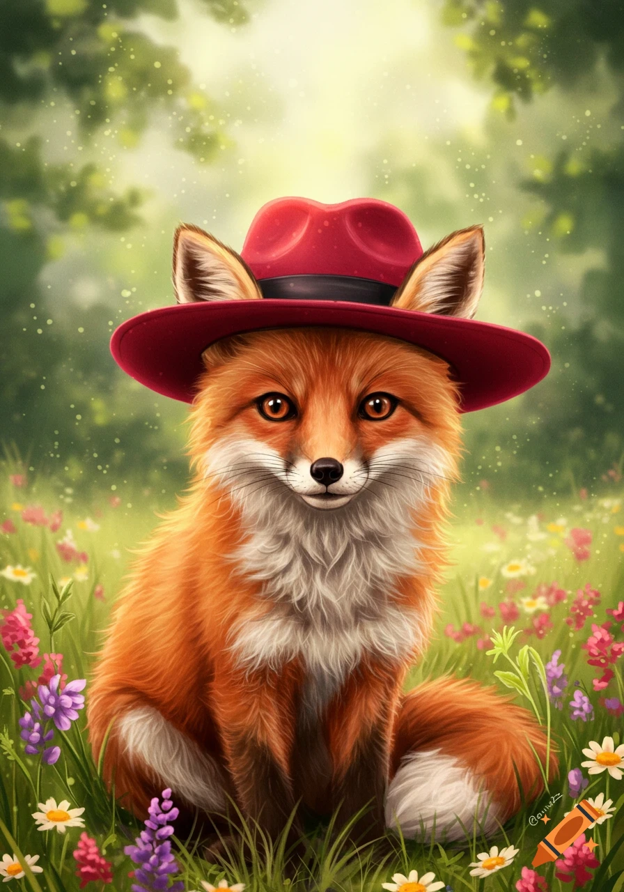 A cute, furry fox with a red hat sits in a vibrant field of colorful wildflowers and green grass, looking directly forward.