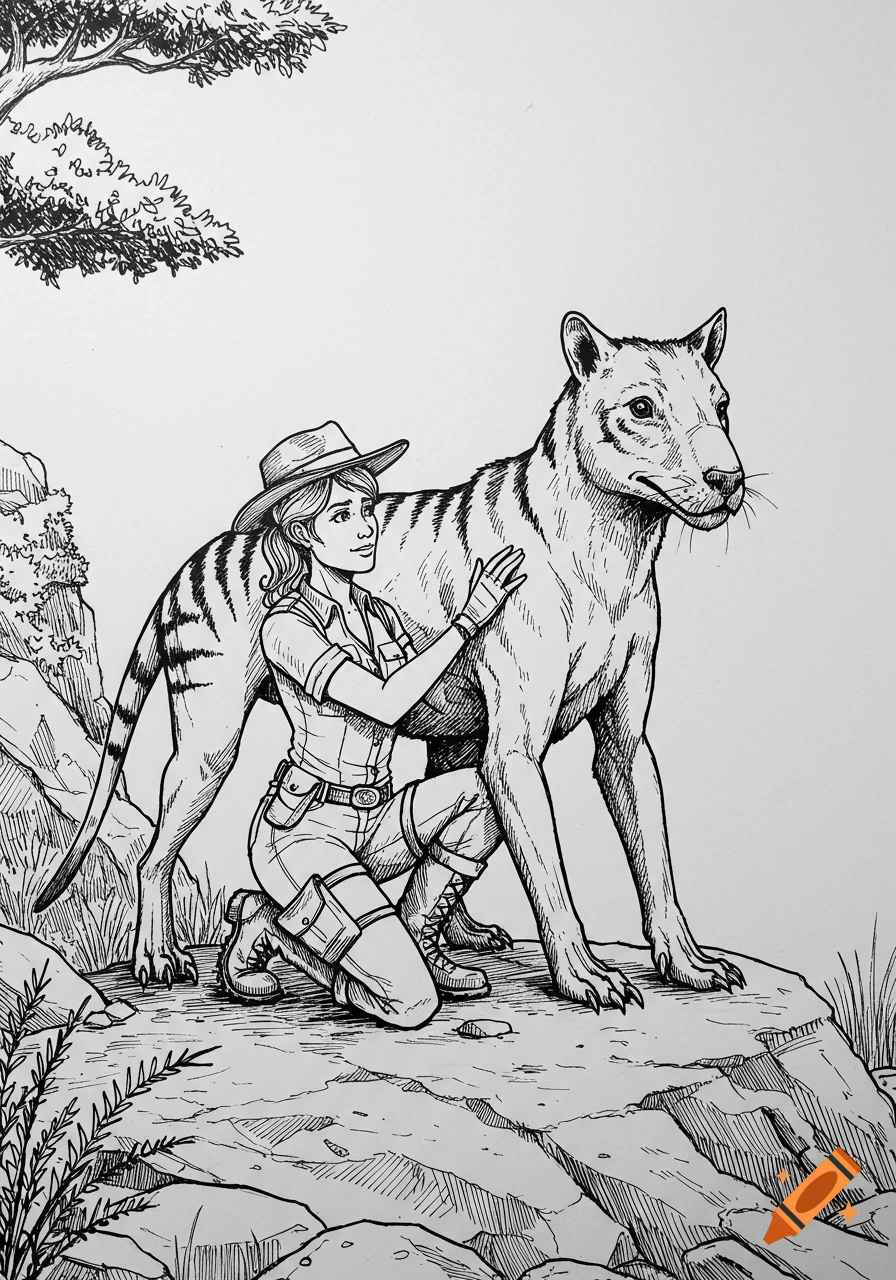 Black and white line art of a woman in a safari hat kneeling and patting a striped, dog-like creature on a rocky terrain.