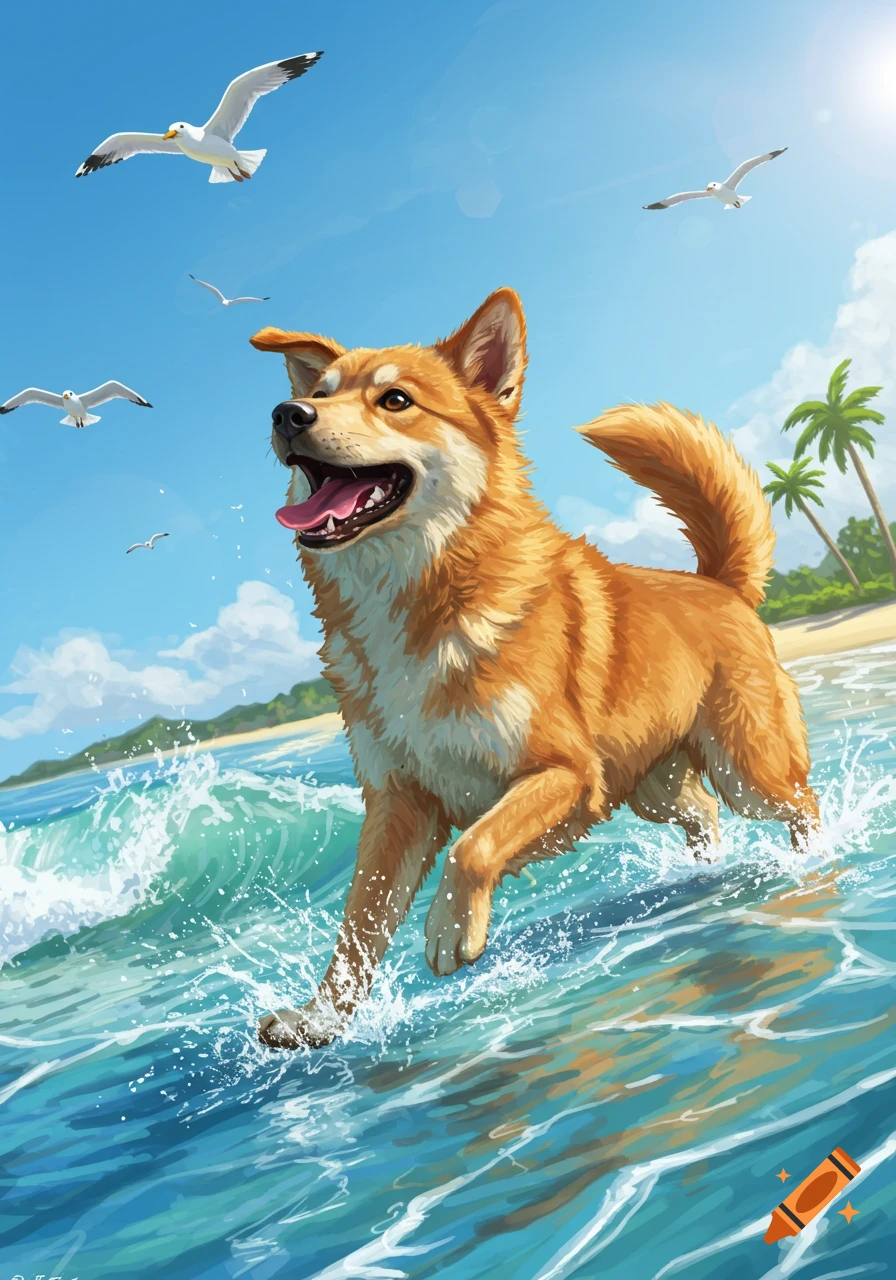 A happy golden-brown dog bounds through blue ocean waves on a sunny beach with seagulls flying and palm trees in the background.