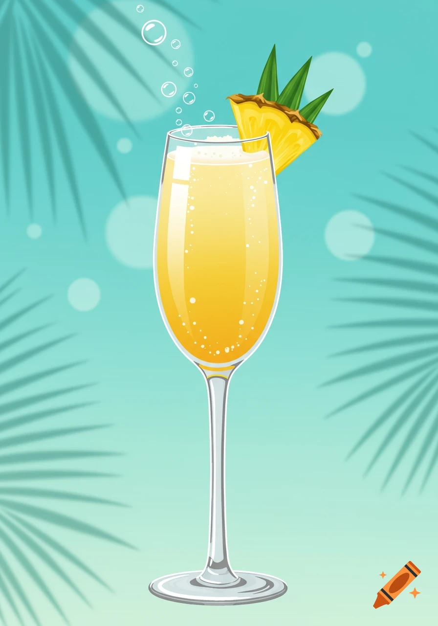 Clipart illustration of a champagne flute with a yellow cocktail, pineapple garnish, and bubbles on a teal background with palm shadows.