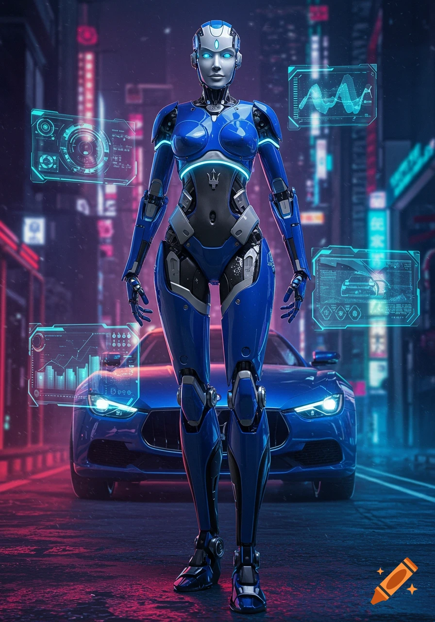 A blue and silver humanoid robot with glowing eyes stands in a futuristic city street at night, with a blue sports car behind it and holographic data displays floating around.