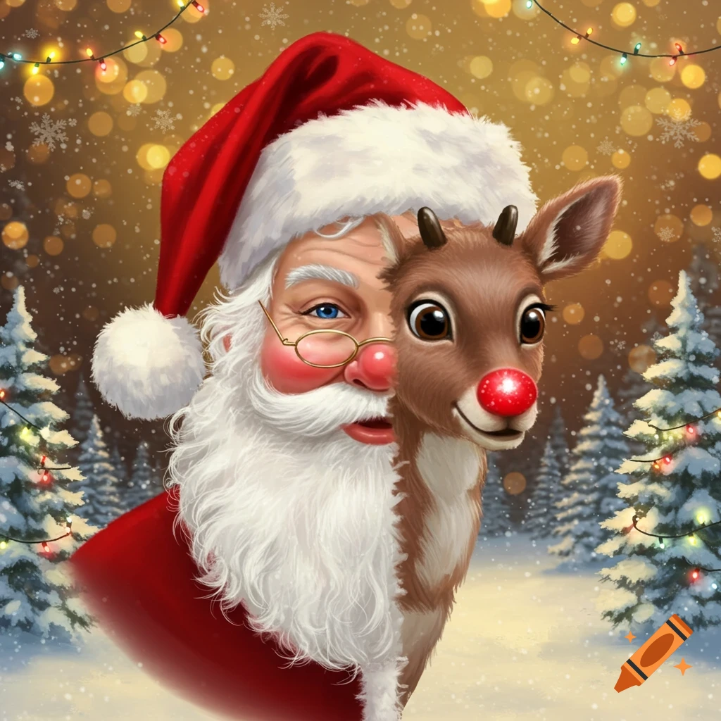 An illustration of Santa Claus's face merged with Rudolph the Red-Nosed Reindeer's face, in a snowy Christmas scene.