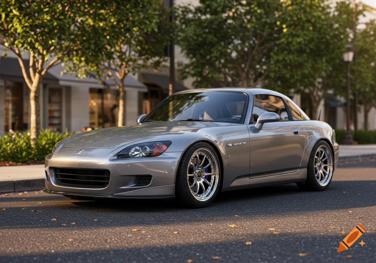 Photorealistic image of a silver Honda S2000 with custom wheels on an asphalt street with trees and buildings.