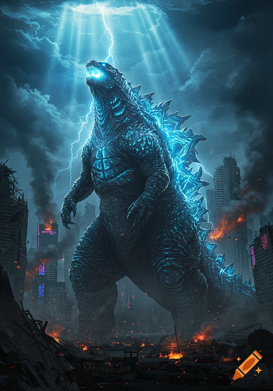 Large, dark blue Godzilla stands roaring in a destroyed city under a stormy, lightning-filled sky.