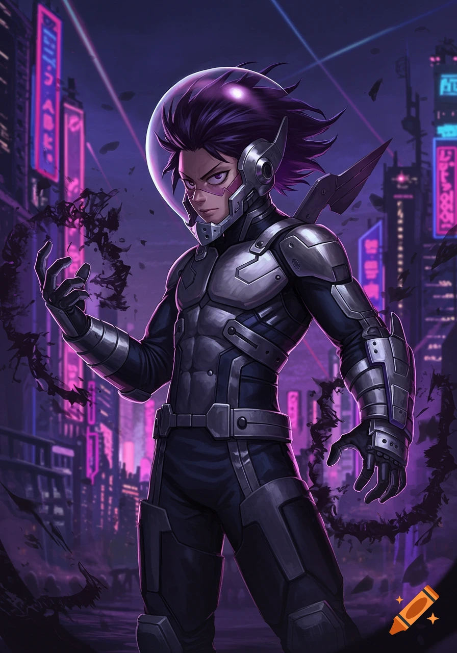 A male character with purple hair in a futuristic silver and dark purple suit with a dome helmet, casting dark energy in a neon-lit cyberpunk city.