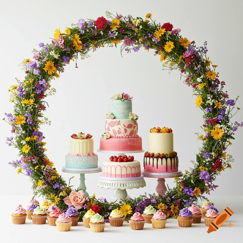A beautiful floral arch of wild meadow flowers with various cakes and cupcakes on stands in the middle on a white background.