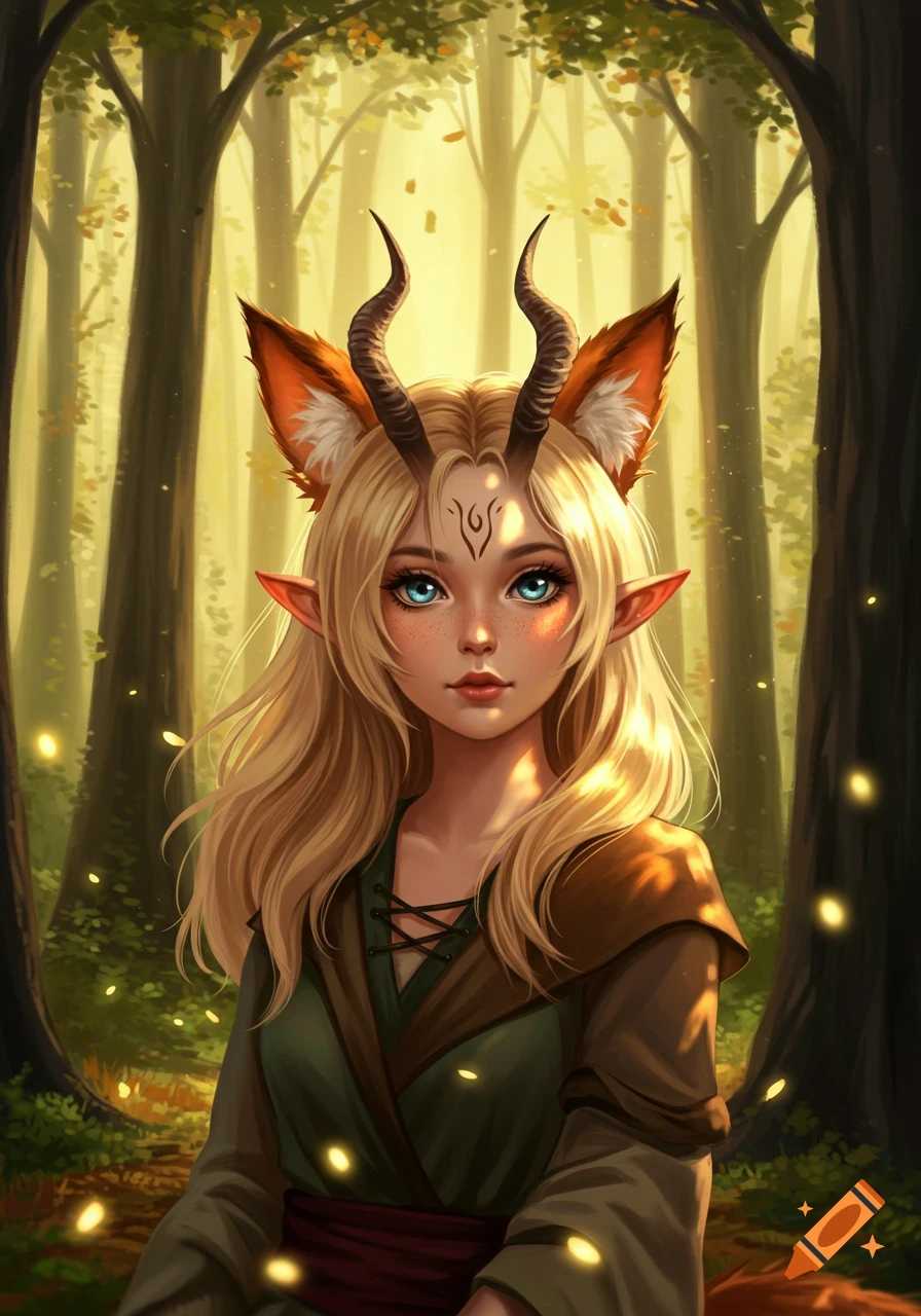 A blonde fantasy girl with fox ears, horns, and glowing blue eyes in a mystical forest.