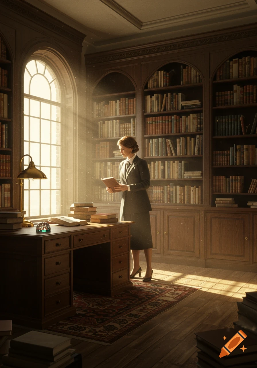 A woman in a suit stands in a sunlit library, holding an open book near a large wooden desk filled with stacks of books.