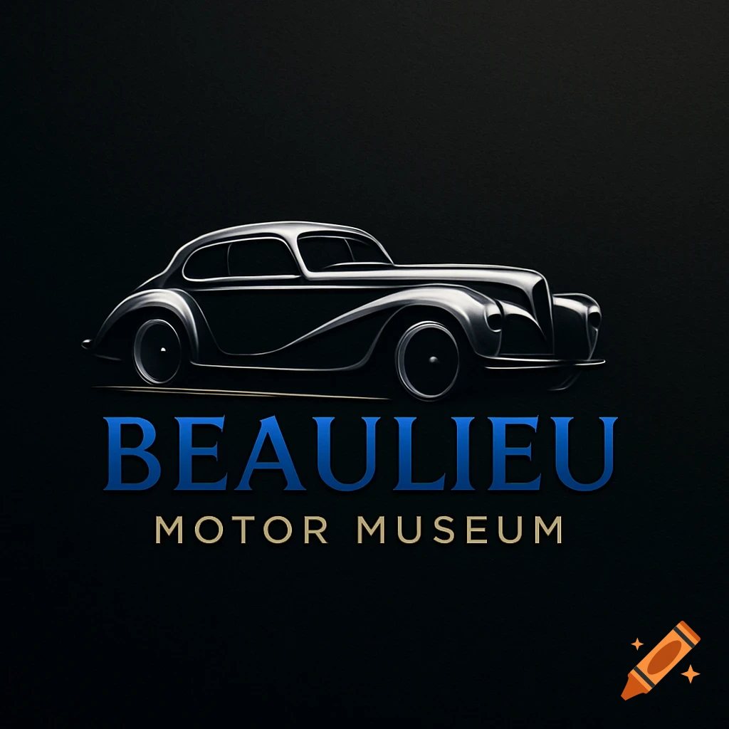 A stylized dark metallic logo featuring a classic car silhouette above the words 'BEAULIEU MOTOR MUSEUM' on a black background.
