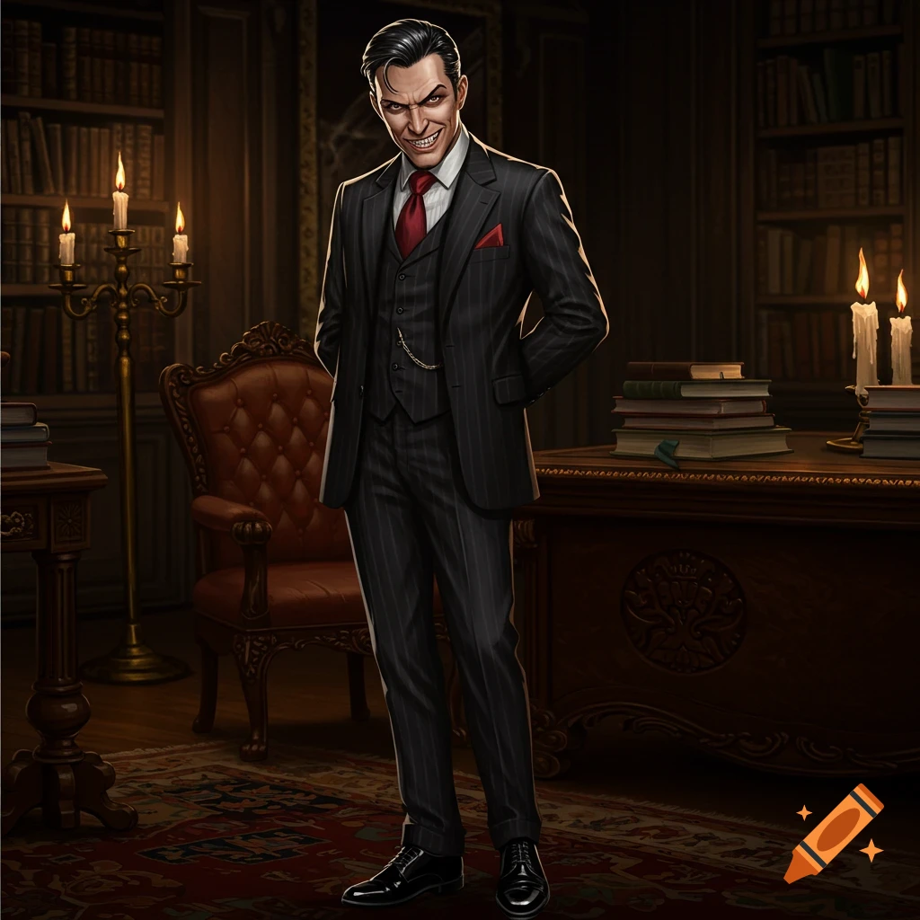A full-body, stylized illustration of a sinister man in a pinstripe suit with sharp teeth and slicked-back hair, standing in a dimly lit library.