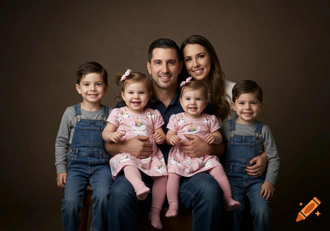A smiling family of six, including a father, mother, two boys in overalls, and two baby girls in pink unicorn dresses, pose for a photorealistic studio portrait.