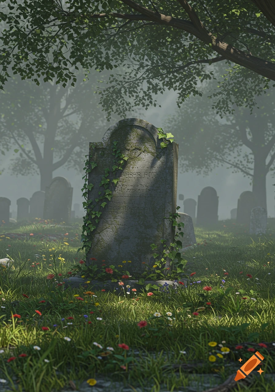 A photorealistic image of an old, moss-covered headstone in a sun-dappled graveyard, surrounded by green grass and colorful wildflowers.