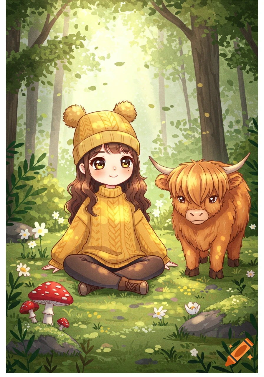 A cute anime girl in a yellow sweater and hat sits in a forest next to a fluffy highland cow, surrounded by flowers and mushrooms.
