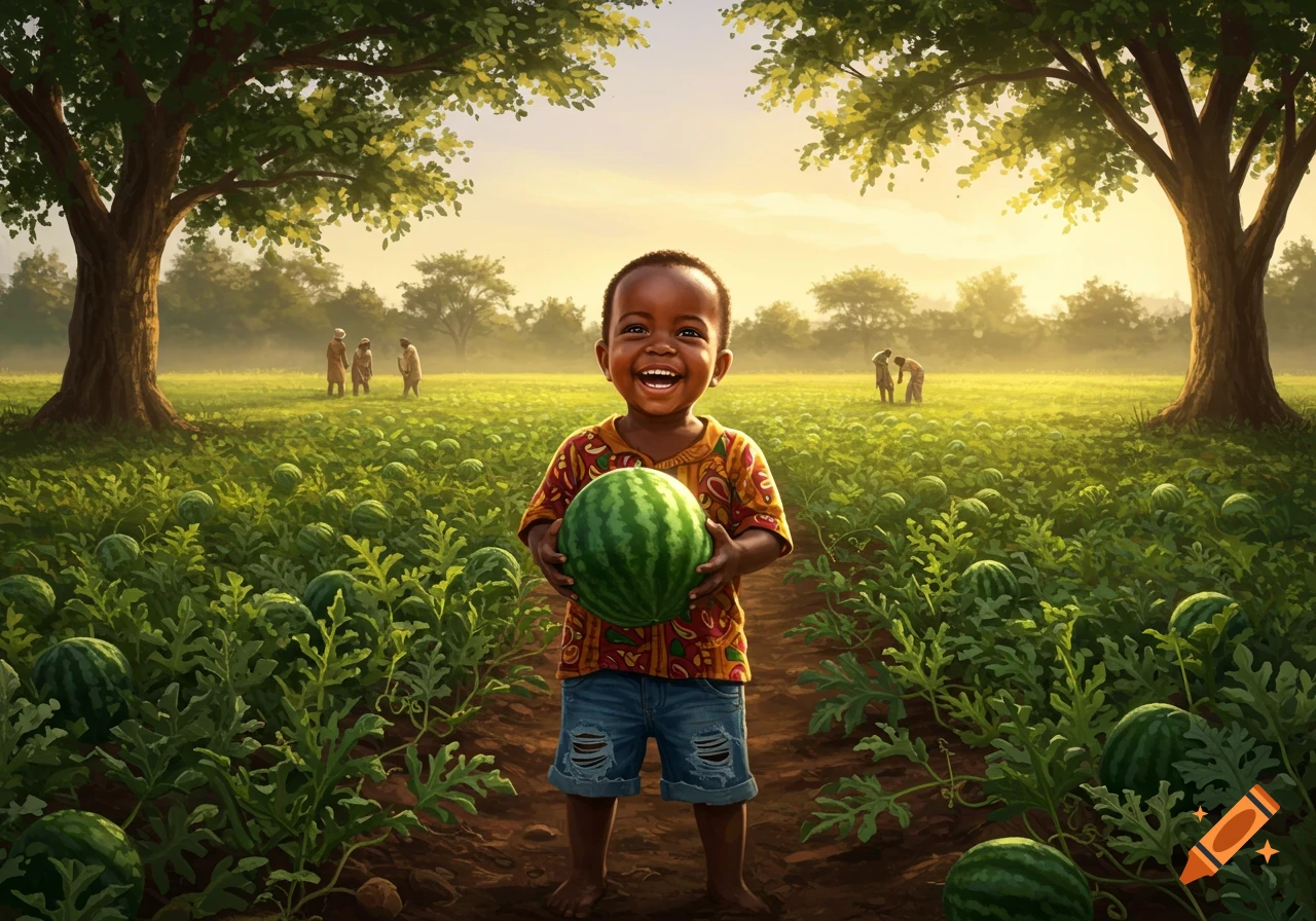 A joyful African child in a colorful shirt holds a watermelon in a vibrant farm field with trees and distant people.
