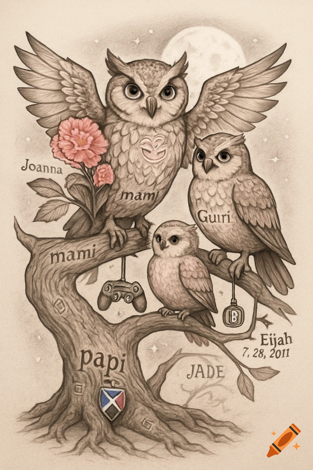 A detailed pencil drawing of three owls, representing a family, perched on a tree branch with names and symbols etched into the wood.