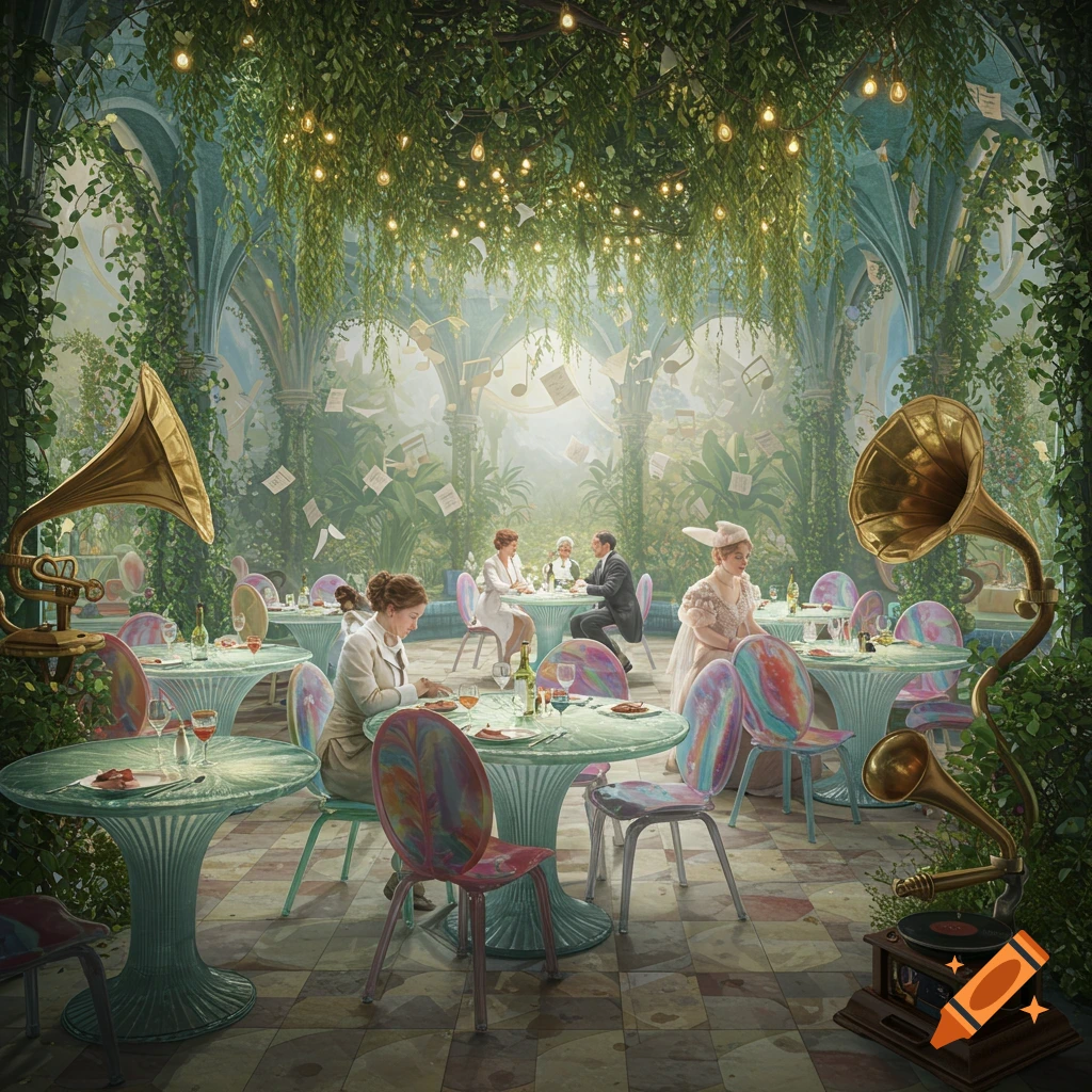 A surreal restaurant with people dining, lush green vines, sparkling lights, and large gramophones, with musical notes floating through the air.
