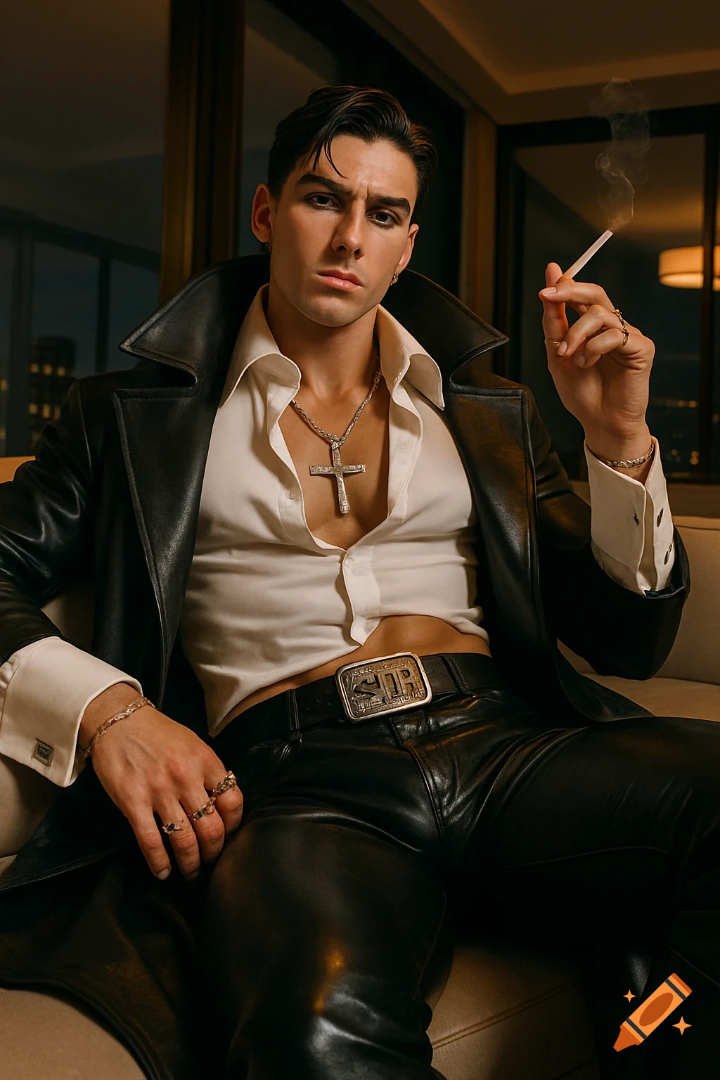 A dapper man in a black leather trench coat and pants, an open white shirt, and a cross necklace, smoking a cigarette while seated.