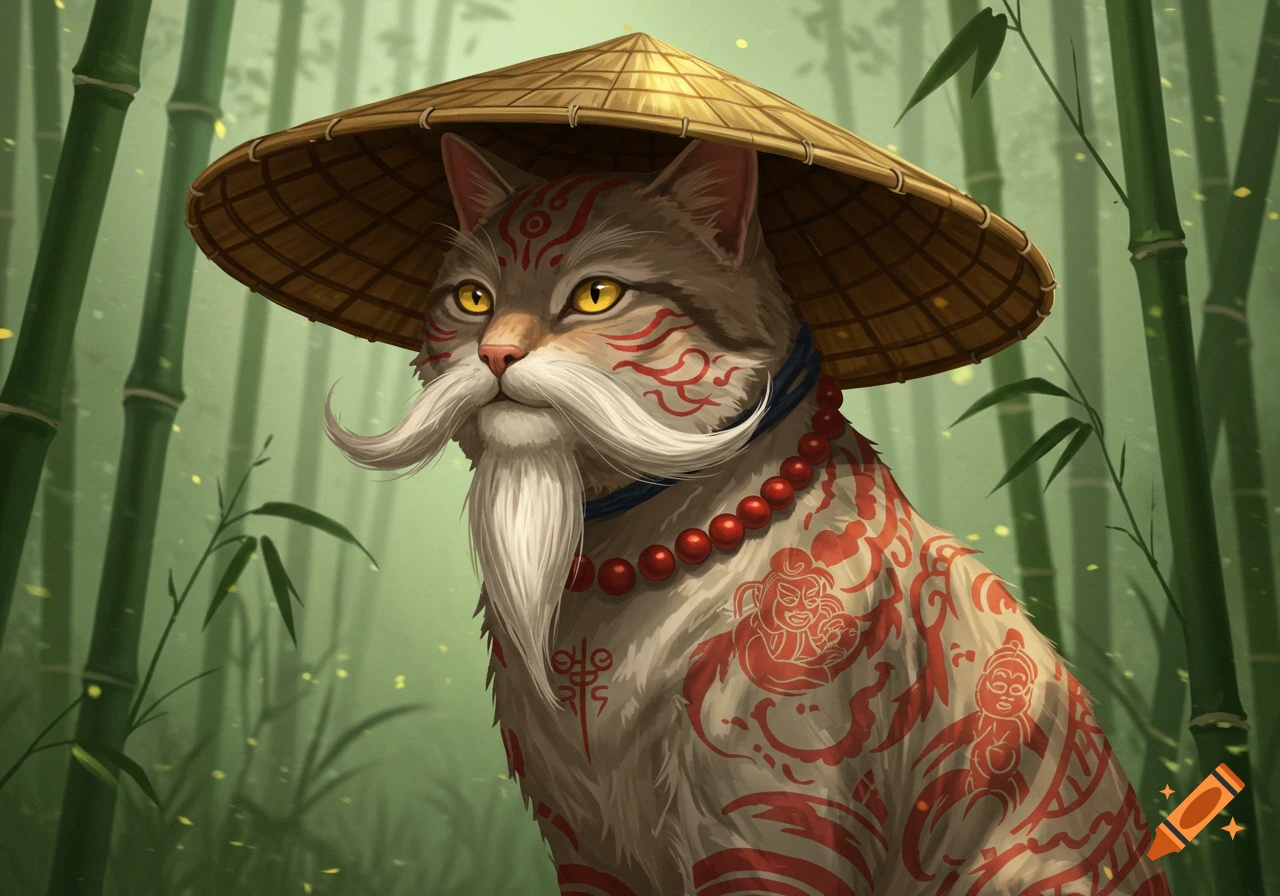 A wise-looking cat with a long white mustache and goatee wears a straw hat and red beaded necklace, adorned with red stylized patterns on its fur, set in a green bamboo forest.