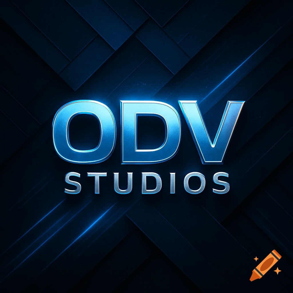 A blue metallic logo with "ODV" above "STUDIOS" on a dark blue geometric background.