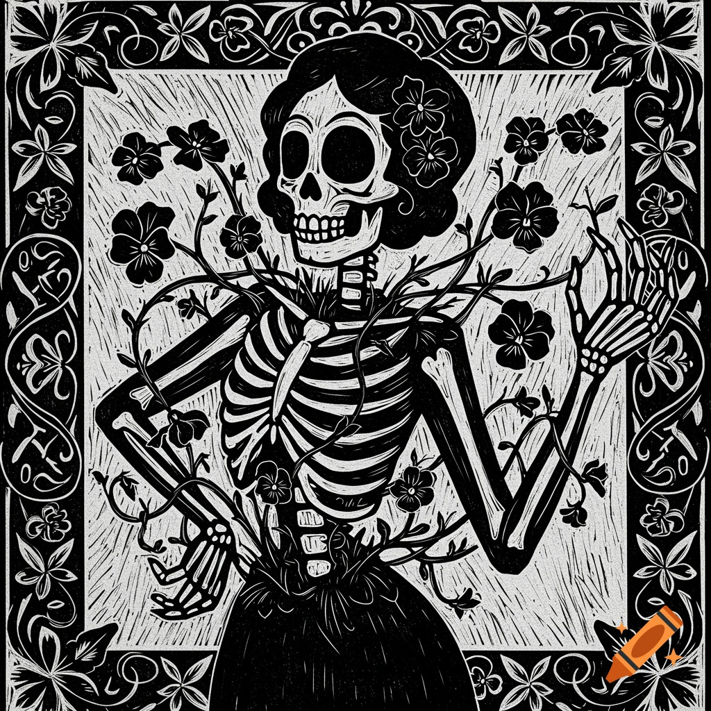 A black and white linocut-style illustration of a skeleton woman with flowers and vines growing from her body, framed by a floral border.