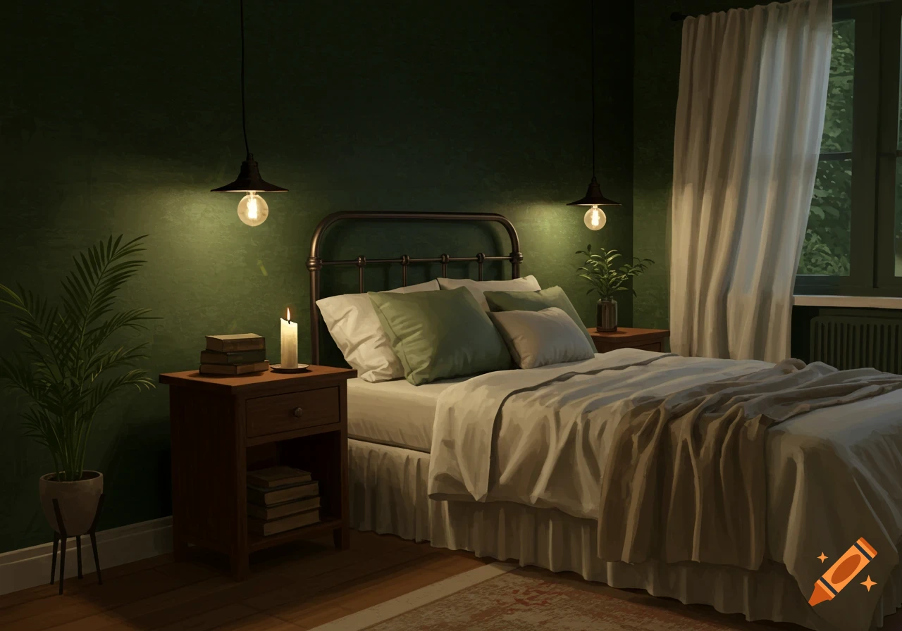 A cozy bedroom with dark green walls, a metal bed, two nightstands, and hanging lamps, illuminated by soft light.