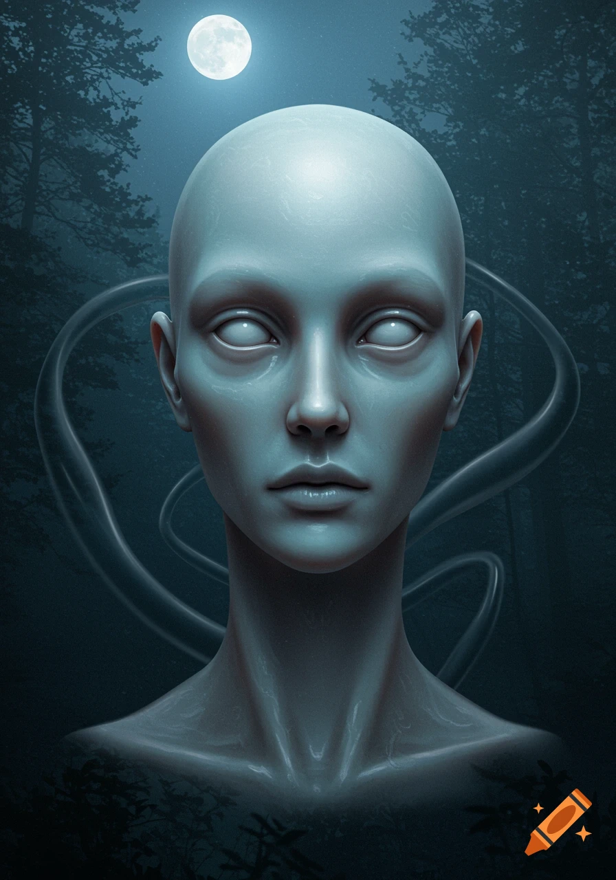 A bald, pale, unsettling figure with white eyes stares forward in a dark, moonlit forest.