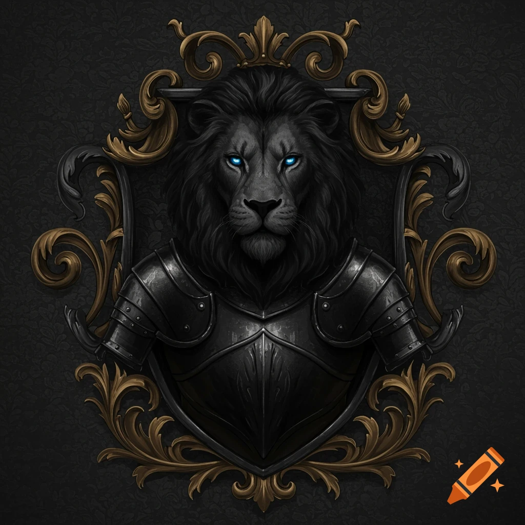 A detailed black lion in black armor with glowing blue eyes, set within an ornate gold and black heraldic frame.