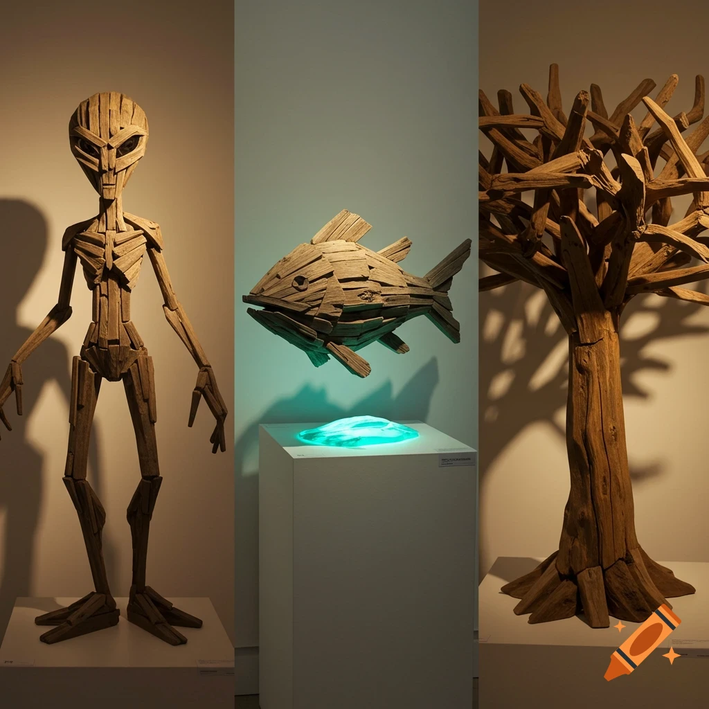 Three distinct wood sculptures on display: an alien figure, a fish, and a tree, each crafted from simple wooden pieces.